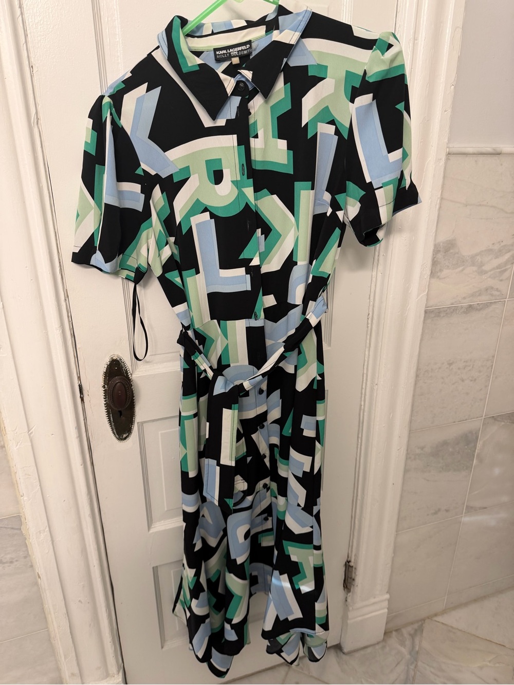 Karl Lagerfeld Black Geometric Shirt Dress in black green and blue.